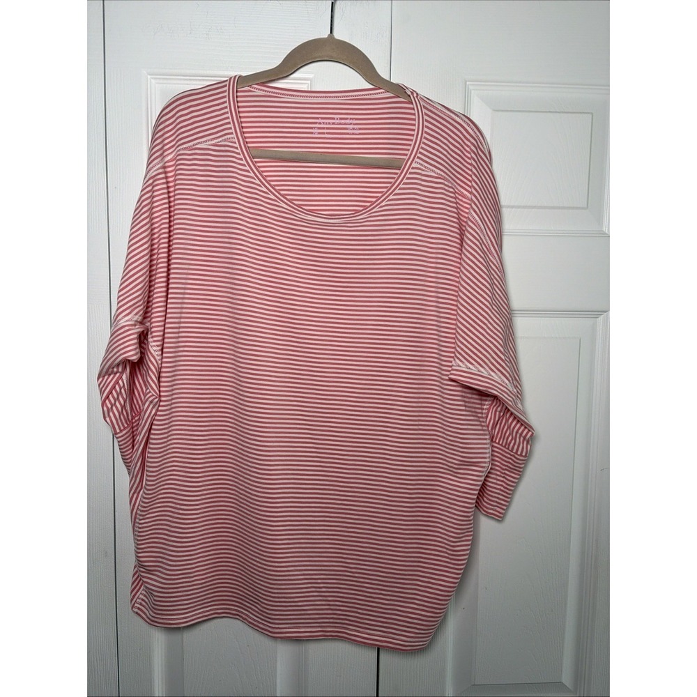 AnyBody Striped Dolman Top Womens Size L Pink White Loungewear Cotton Modal Prep